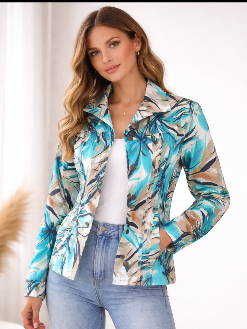COLDWATER CREEK Turquoise Pleated Floral Jacket Size 4 NWOT